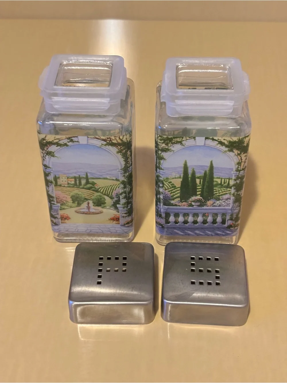 Italian Scene Glass Salt and Pepper Set with Caddy